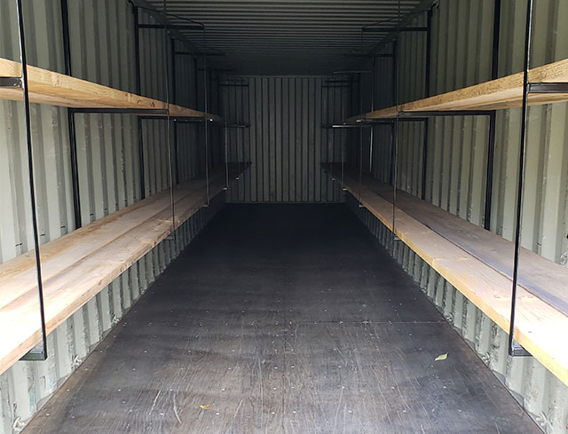hanging shelving inside of a custom storage container